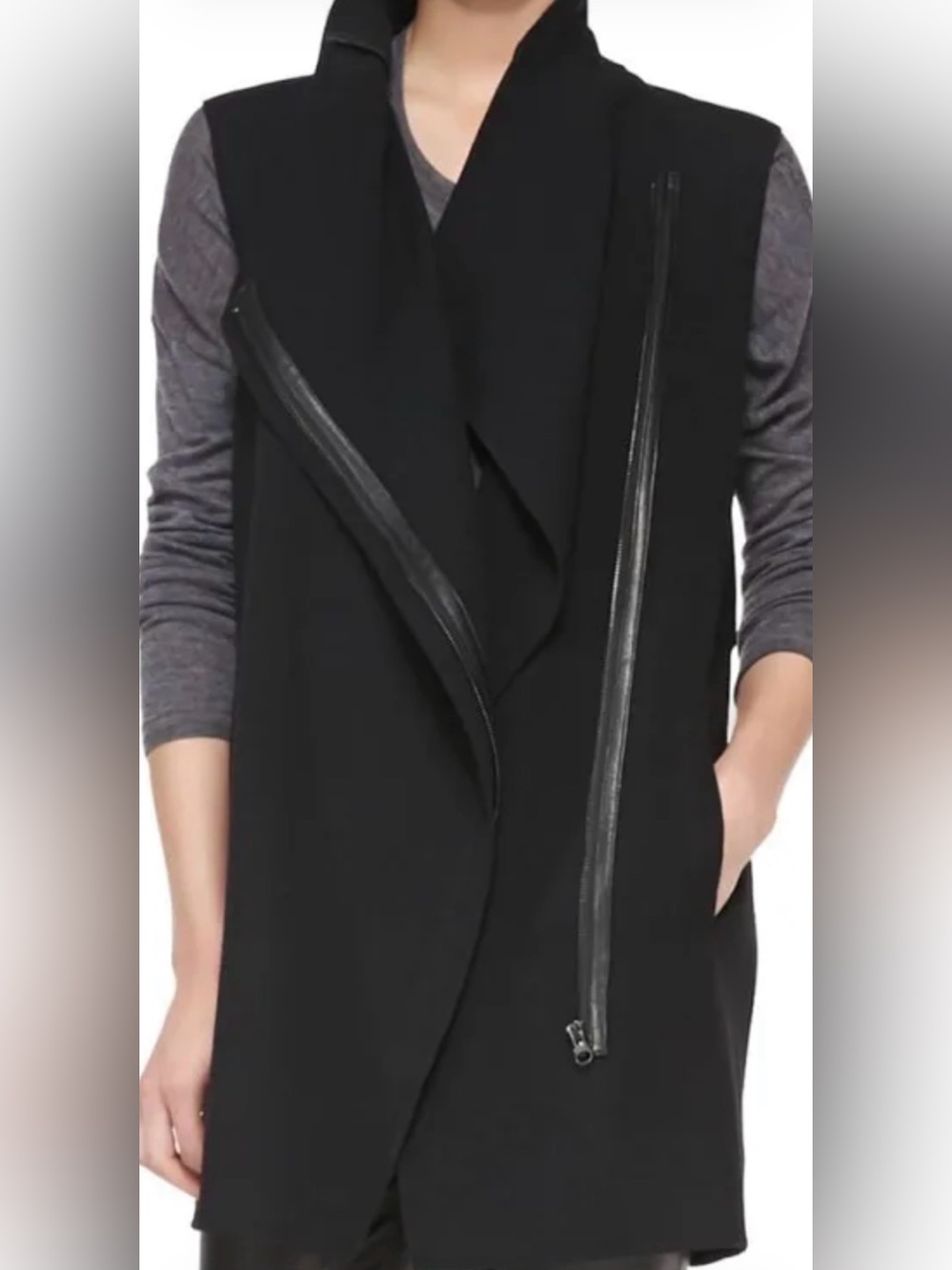 Vince Leather-Trim Asymmetric Black 100% Wool Zip up Moto tunic Vest (Small)